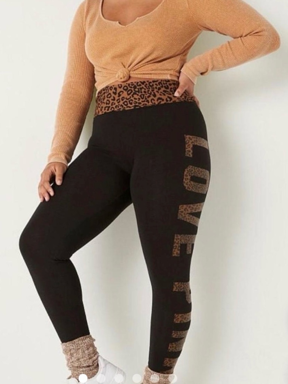 PINK Victoria's Secret Black Leggings with Leopard Waistband